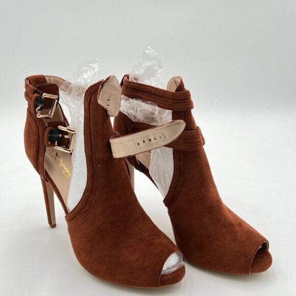 XYD Brown Suede Peep Toe Ankle Boot High Heels Buckled Double Straps Cutout Shoe - Picture 4 of 8